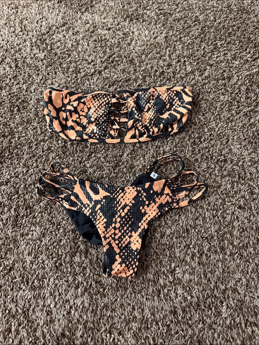 Orange and Black Snake Print Bandeau Bikini Set - Women Swim